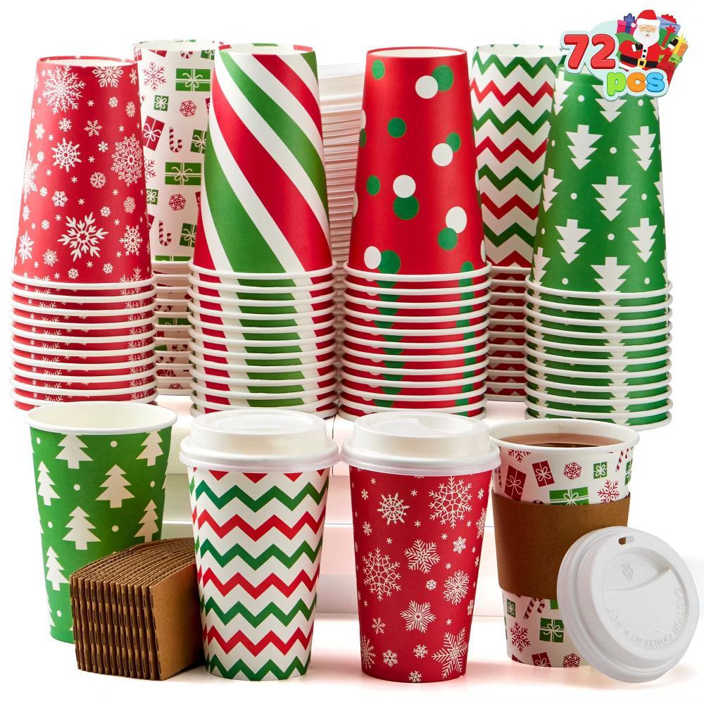 72-Pcs Christmas Disposable Cups – 16 oz Holiday Drinkware with Lids & Sleeves (4 Festive Designs)