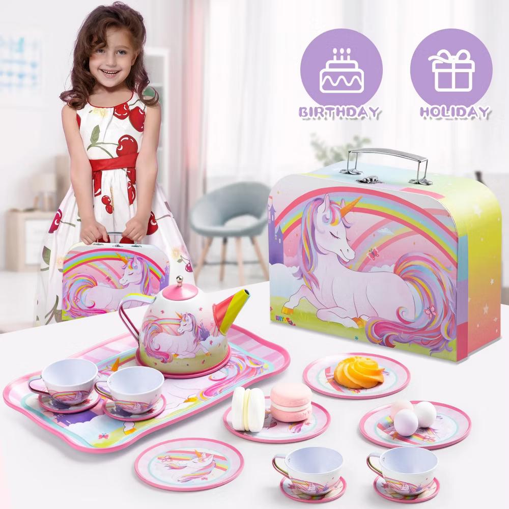 Unicorn Tea Party Set for Little Girls Ages 3-6, 15Pcs Pretend Play Kitchen Toys with Teapot Cups, Plates, Storage Case, Birthday Christmas Gift