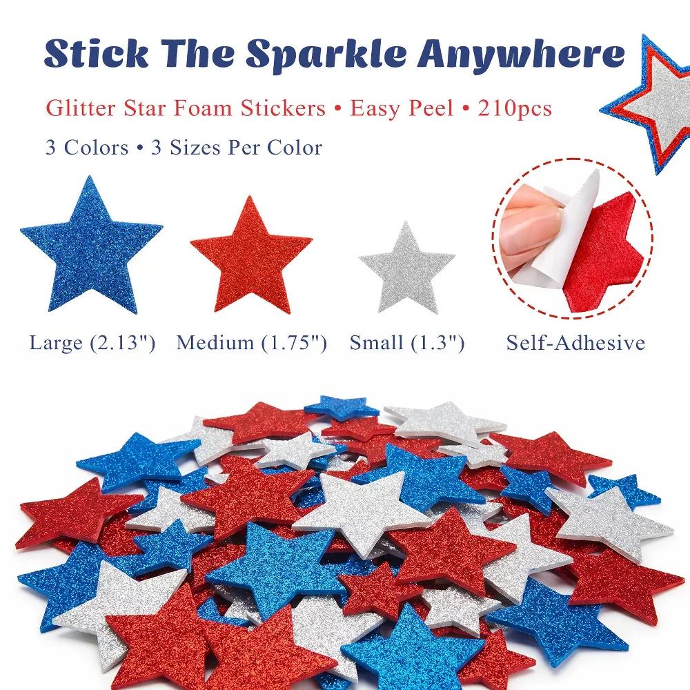 Red White and Blue Glitter Self-Adhesive Foam Star Stickers, Patriotic Stickers for 4th of July, Memorial Day (210pcs) - Image 5