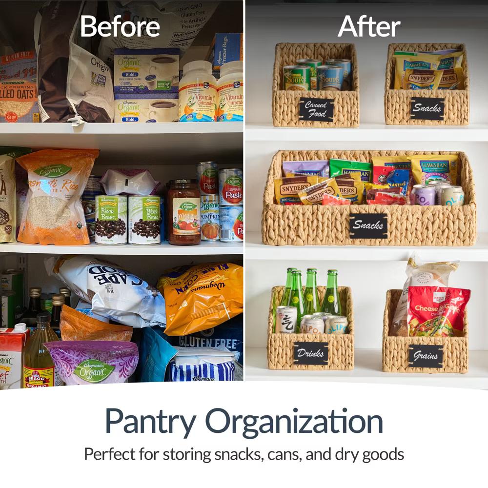 Hyacinth Angled Pantry Storage Baskets W/ Handles, Chalkboard & Marker - Image 16