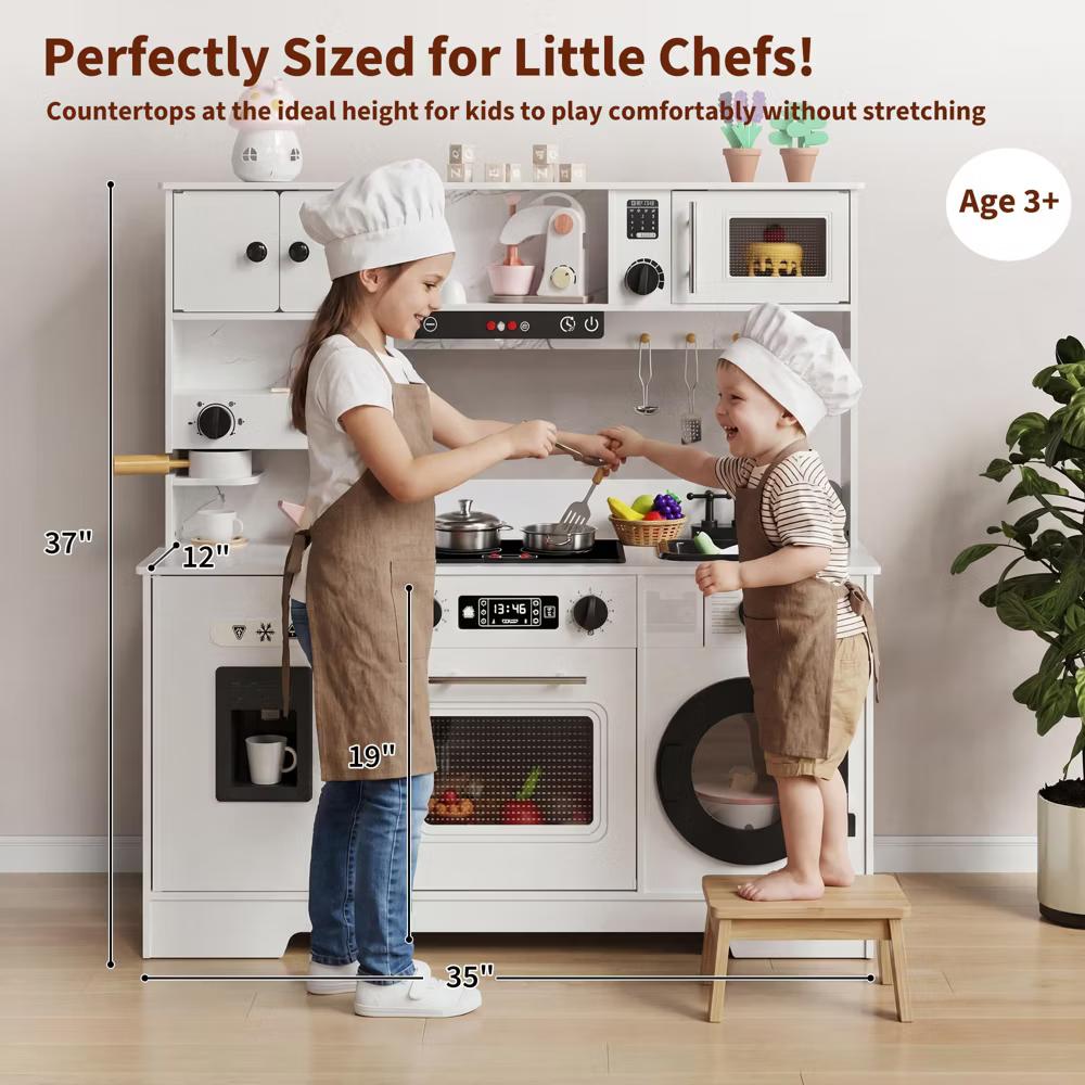 Wooden Play Kitchen for Kids, Wooden Kids Play Kitchen Playset with Lights Sounds, Toddler Pretend Cooking Set with Toy Food Cookware Accessories - Image 11