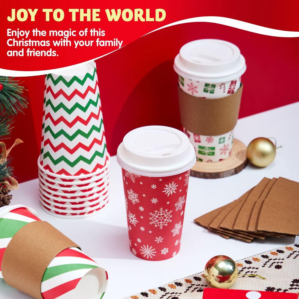 72-Pcs Christmas Disposable Cups – 16 oz Holiday Drinkware with Lids & Sleeves (4 Festive Designs) - Image 7