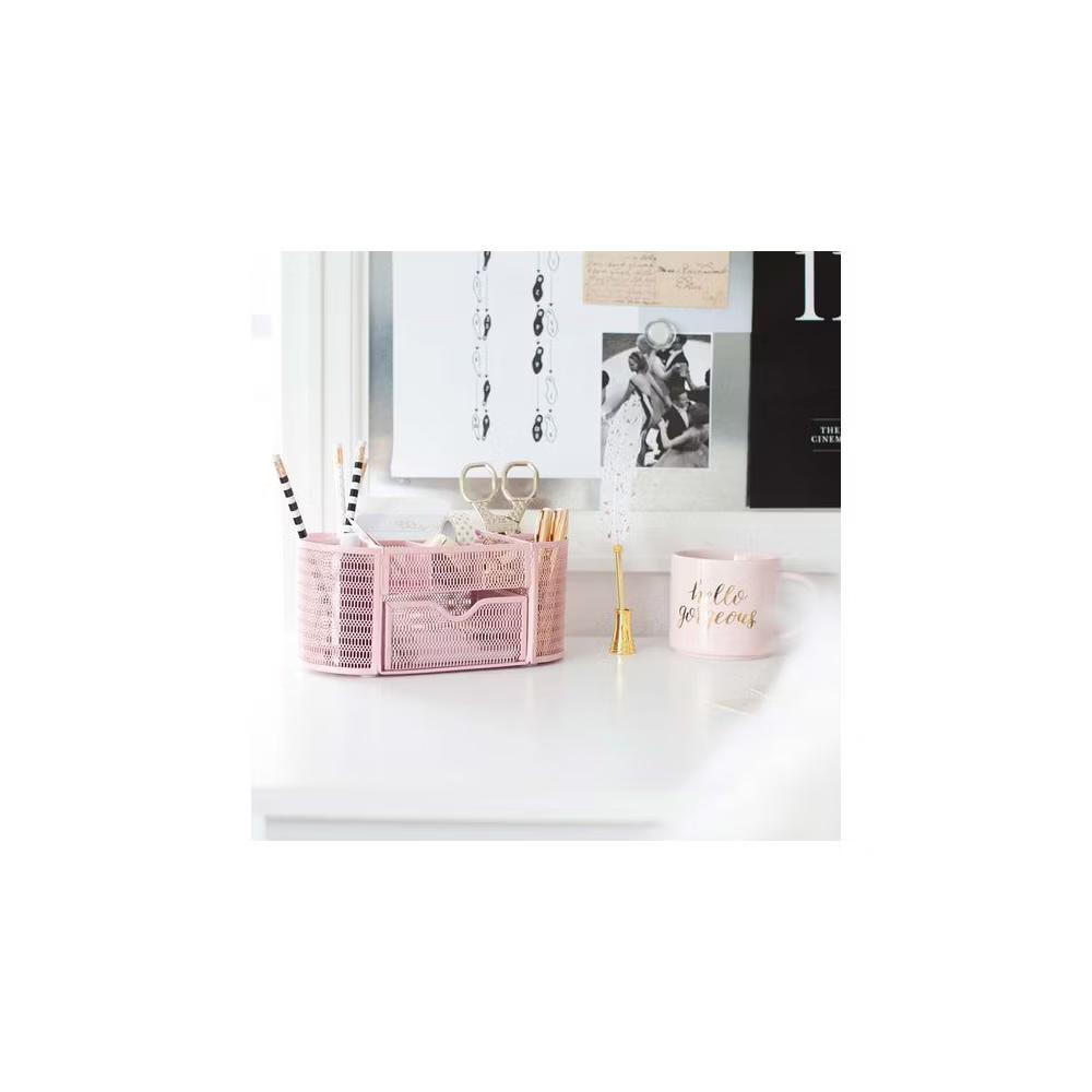 Blu Monaco Small Metal Mesh Desk Organizer with Drawer - Available in Aqua, Gold, and Pink - Image 28