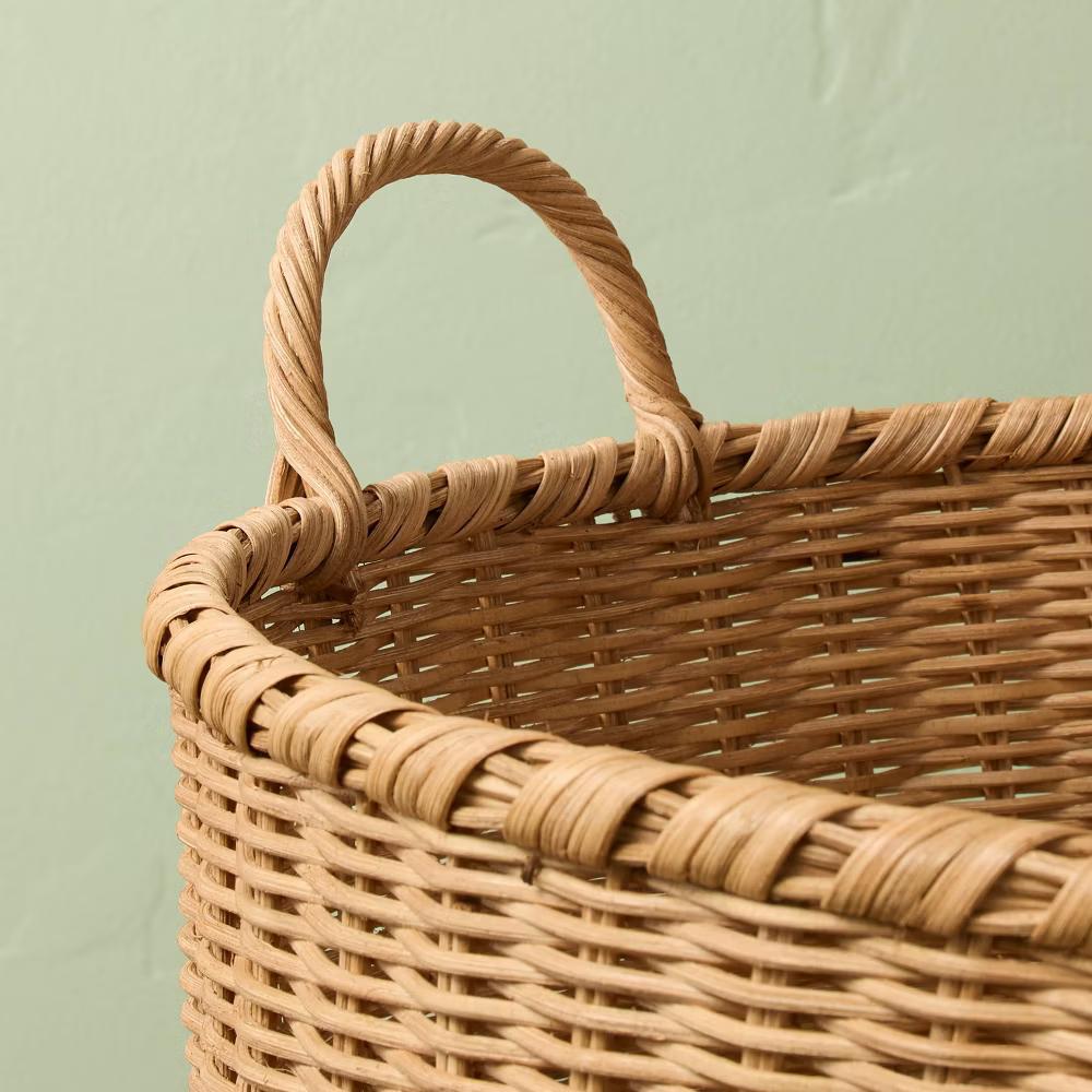 Round Woven Rattan Storage Basket with Handles - with Magnolia - Image 3
