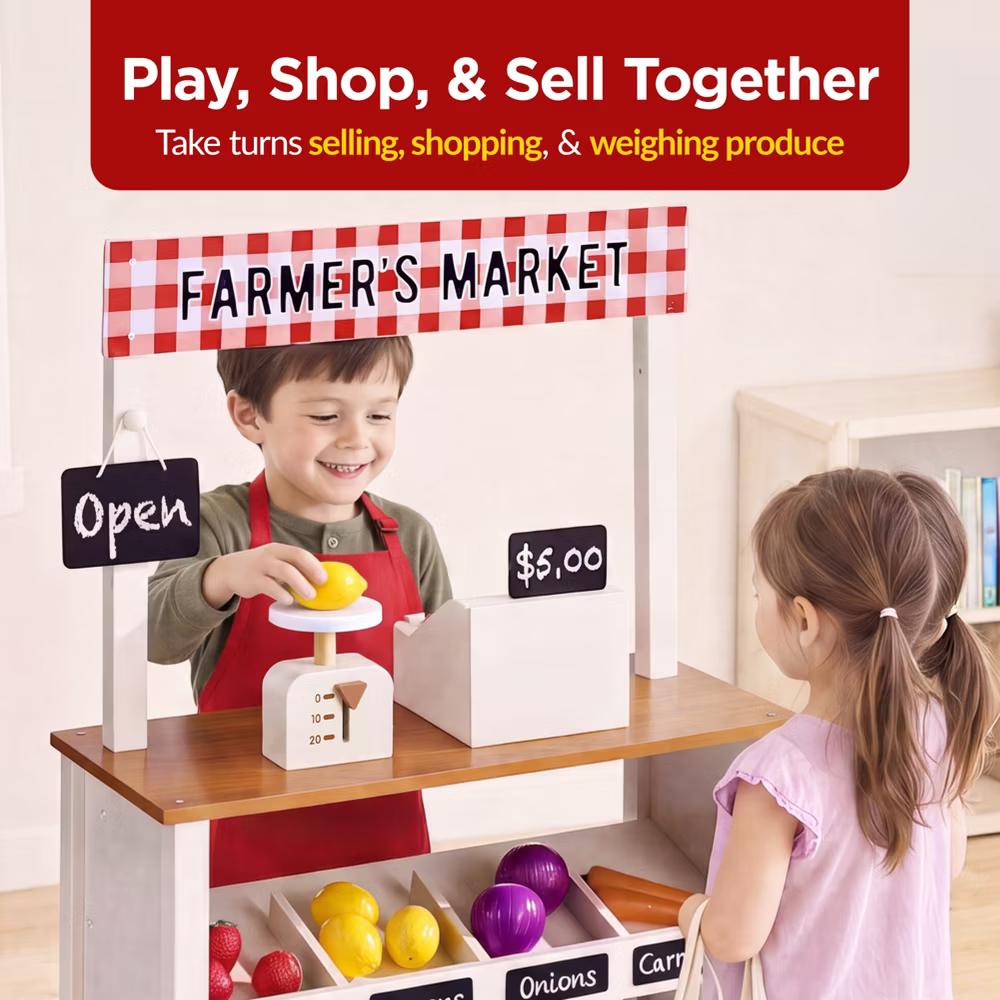 Wooden Farmers Market Stand for Kids with 22 Play Food Accessories, Pretend Grocery Store - Image 4