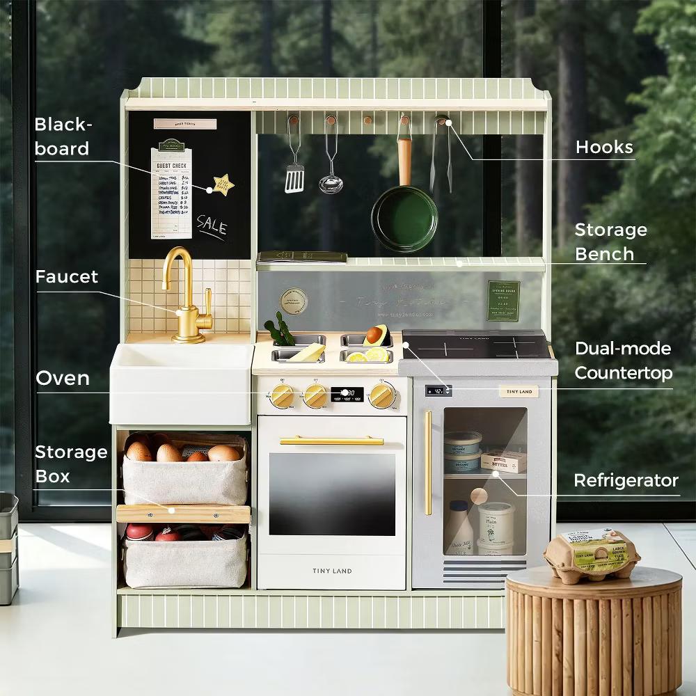 BistroSwitch Wooden Play Kitchen & Pretend Restaurant, Kids Kitchen Playset with Chef Hat & Storage - Image 11