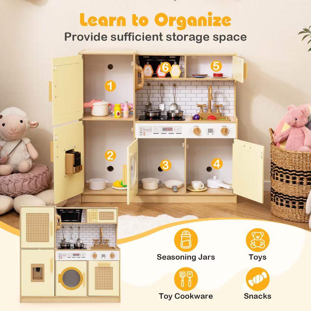 Wooden Kids Kitchen Playset Pretend Play Kitchen with Real Sounds Lights Pink/Yellow - Image 15