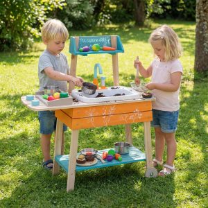 Outdoor Kids Play Kitchen Set, Wooden Toy Kitchen Playset with Removable Sink