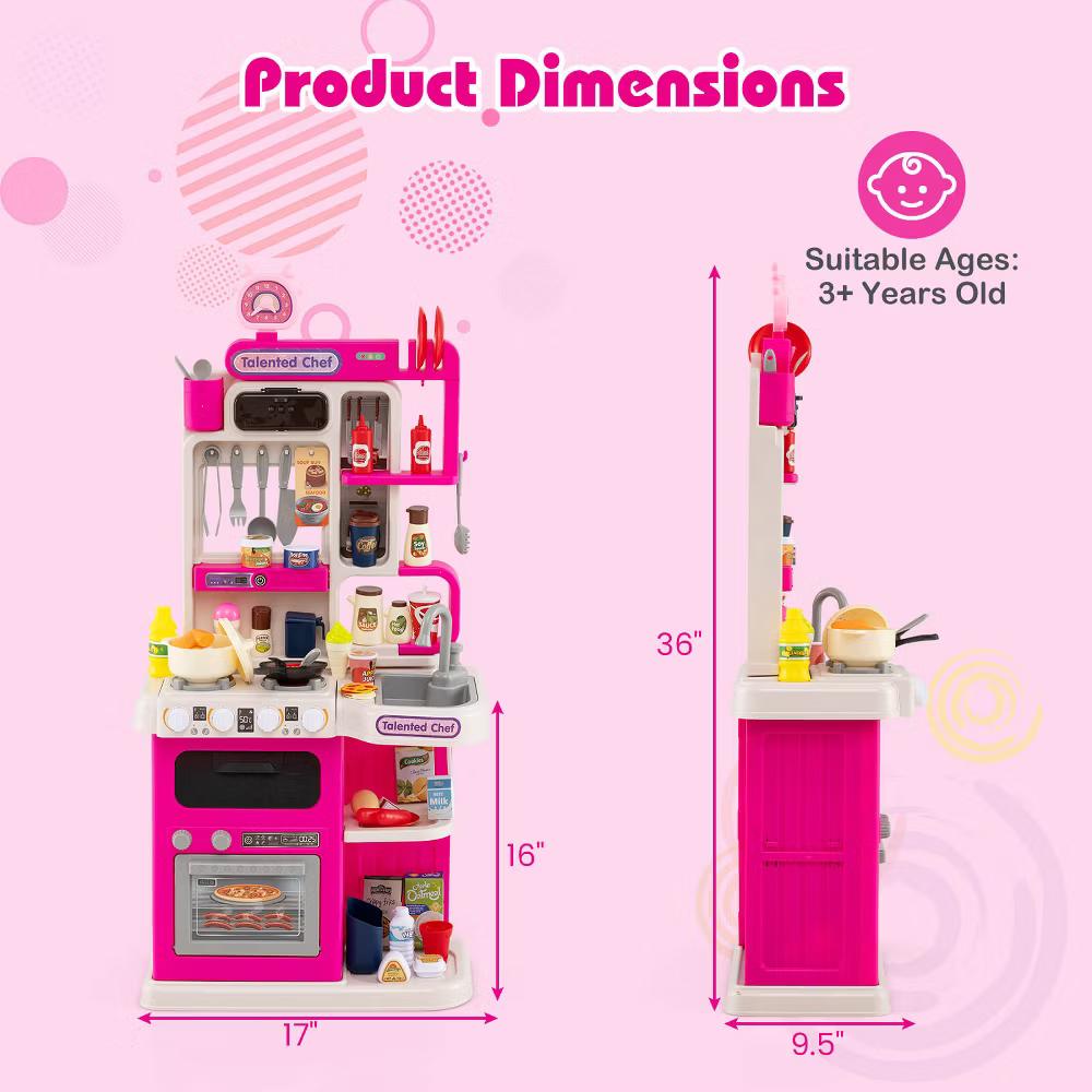Kids Kitchen Playset with Realistic Sounds Lights Play Sink 95 PCS Accessories Blue/Pink - Image 14