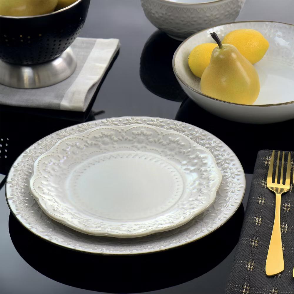 Countess 16 Piece Embossed Double Bowl Stoneware Dinnerware Set in Ivory - Image 7