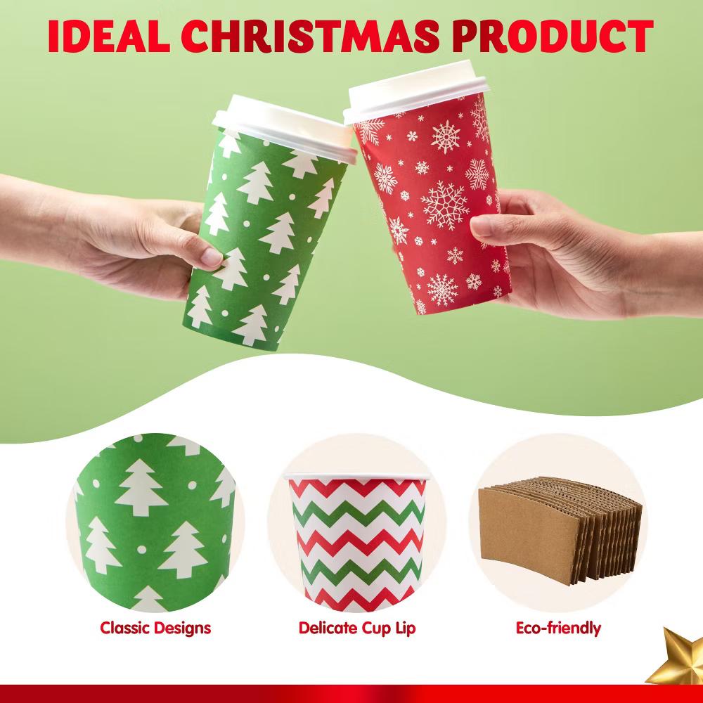 72-Pcs Christmas Disposable Cups – 16 oz Holiday Drinkware with Lids & Sleeves (4 Festive Designs) - Image 6