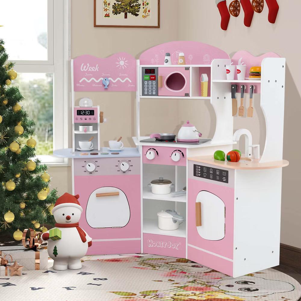Corner Kitchen Playset with Coffee Machine Oven Microwave Washing Machine White/Brown/Pink - Image 21