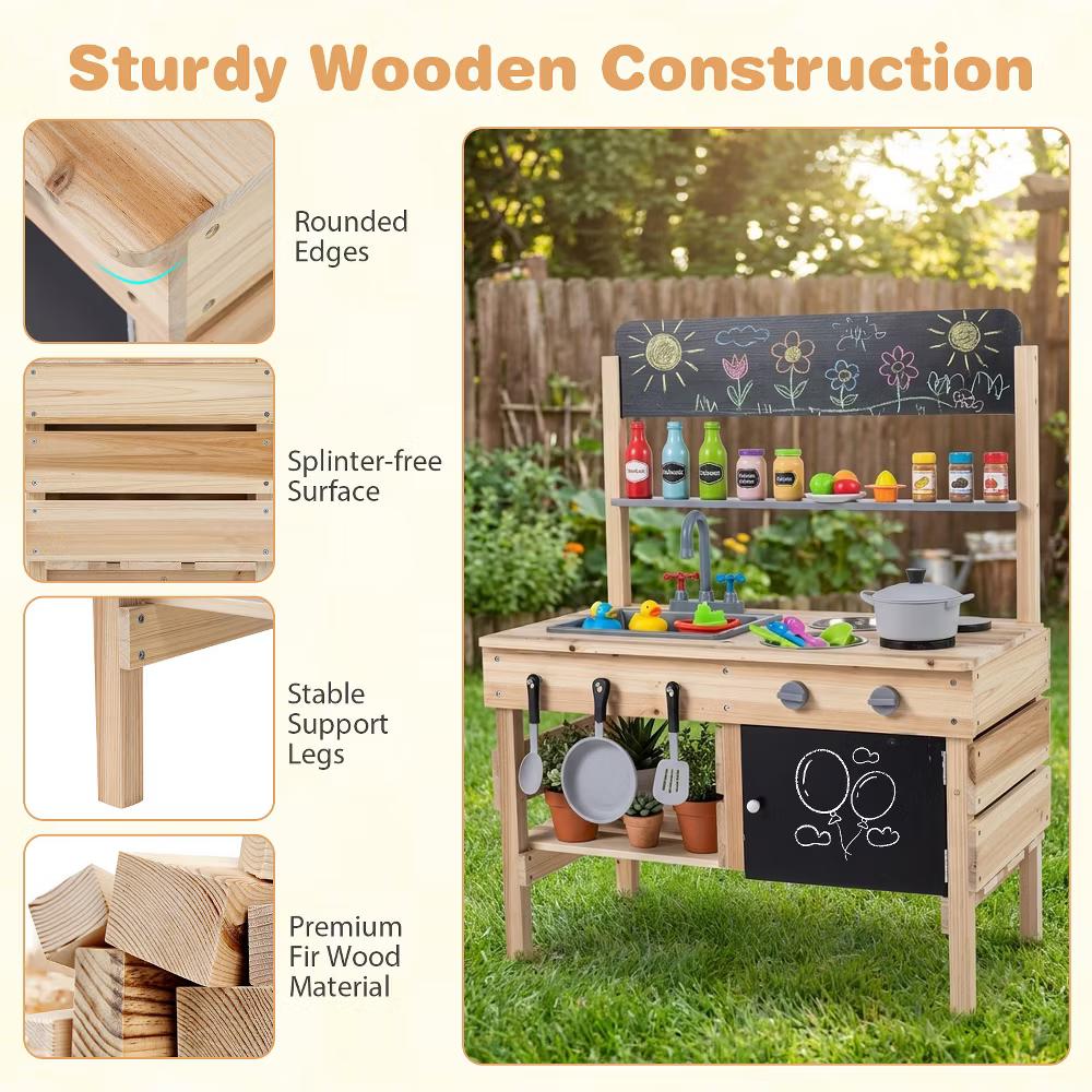 Outdoor Mud Kitchen for Kids, Wooden Play Pretend Kitchen with Cooking Accessories Natural - Image 4