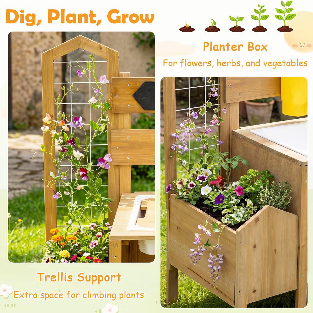 Mud Kitchen for Kids, Pretend Play Kitchen with Detachable Bird Cage,Trellis - Image 8