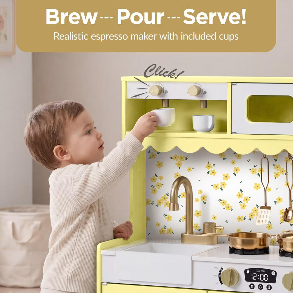 Wooden Cottage Kids Pretend Play Kitchen with 11 Accessories, Espresso Machine - Pink - Image 4