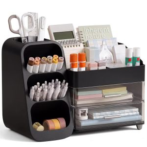 Desktop Organizer with Pen Holder, Multi-Grid Stationary Storage Caddy with 2 Clear Drawers for Office Supplies & Makeup