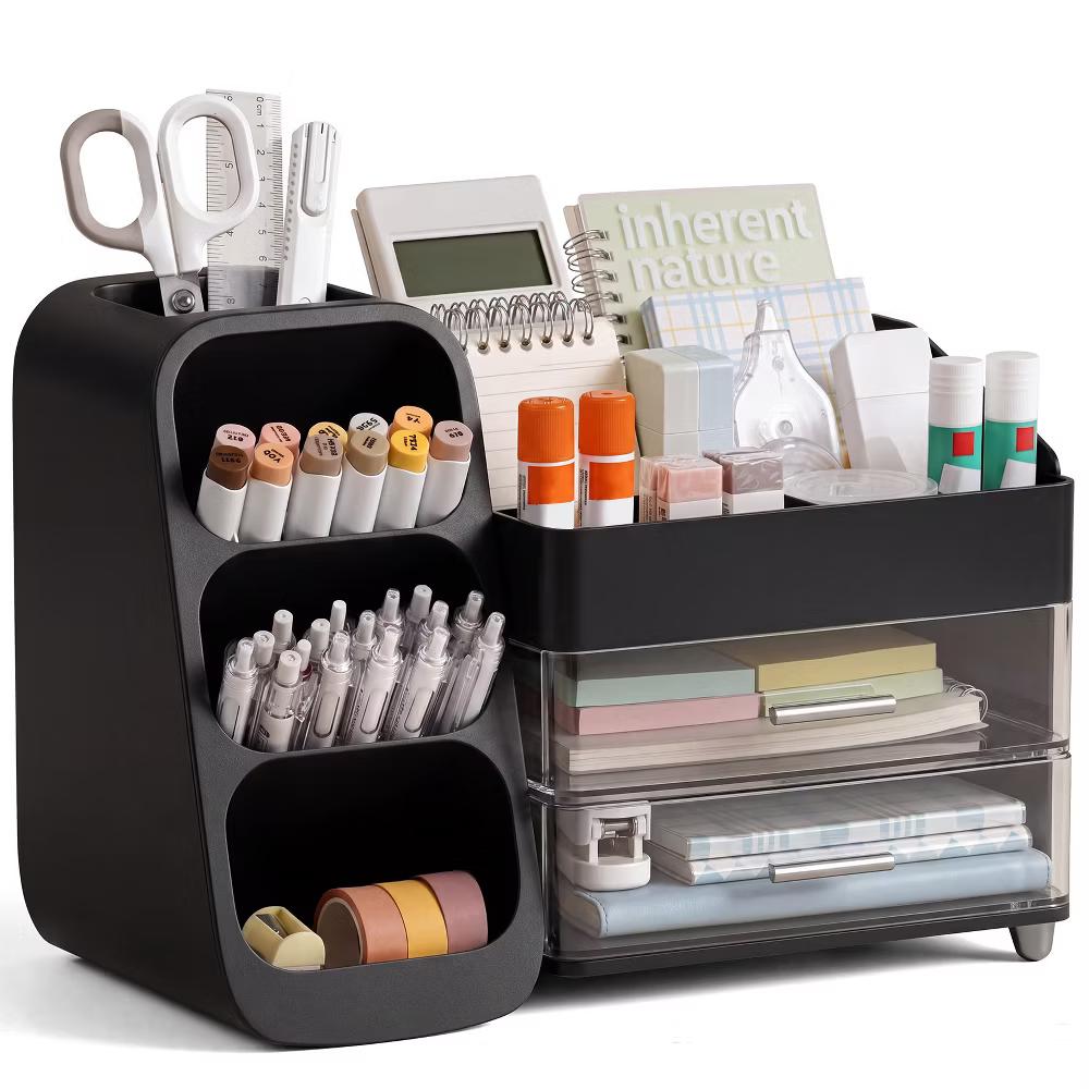 Desktop Organizer with Pen Holder, Multi-Grid Stationary Storage Caddy with 2 Clear Drawers for Office Supplies & Makeup