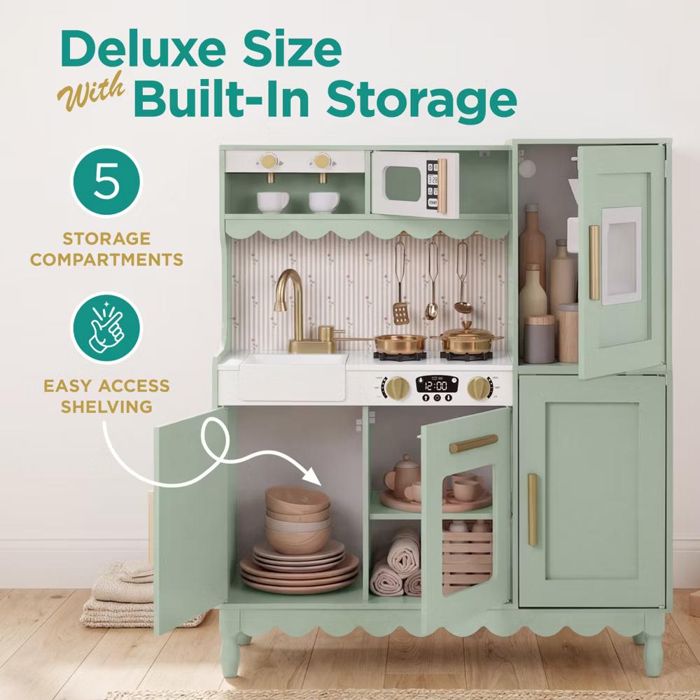Wooden Cottage Kids Pretend Play Kitchen with 11 Accessories, Espresso Machine - Pink - Image 36
