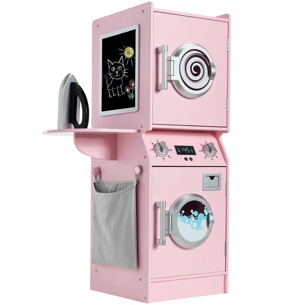 Pretend Play Kids Wooden Stacked Washer & Dryer Set w/ Toy Laundry Storage and Accessories - Pink - Image 8