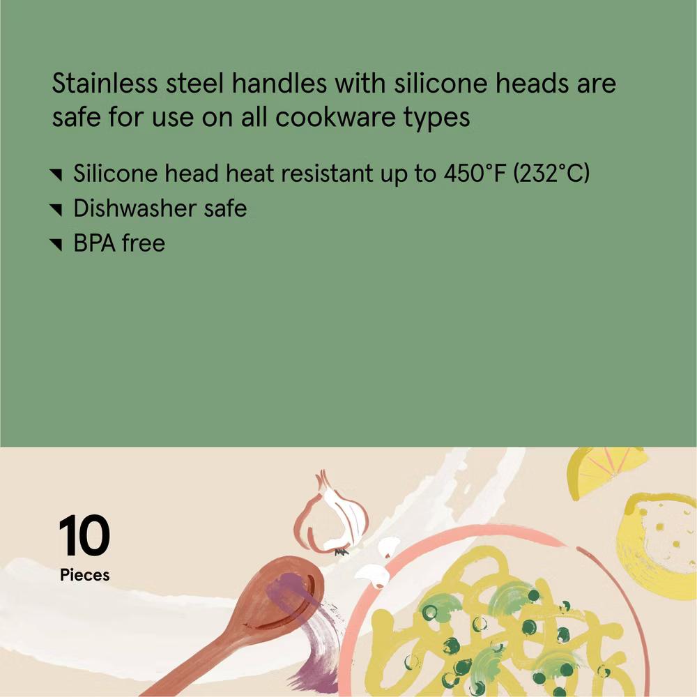 10pc Silicone Kitchen Utensil Set - Gray Cooking Utensils, Dishwasher-Safe, Includes Tongs & Whisk - Image 6
