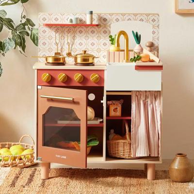 Mediterranean Play Kitchen for Toddlers - Wooden Kids Kitchen Playset with Cutting Food & Cookware