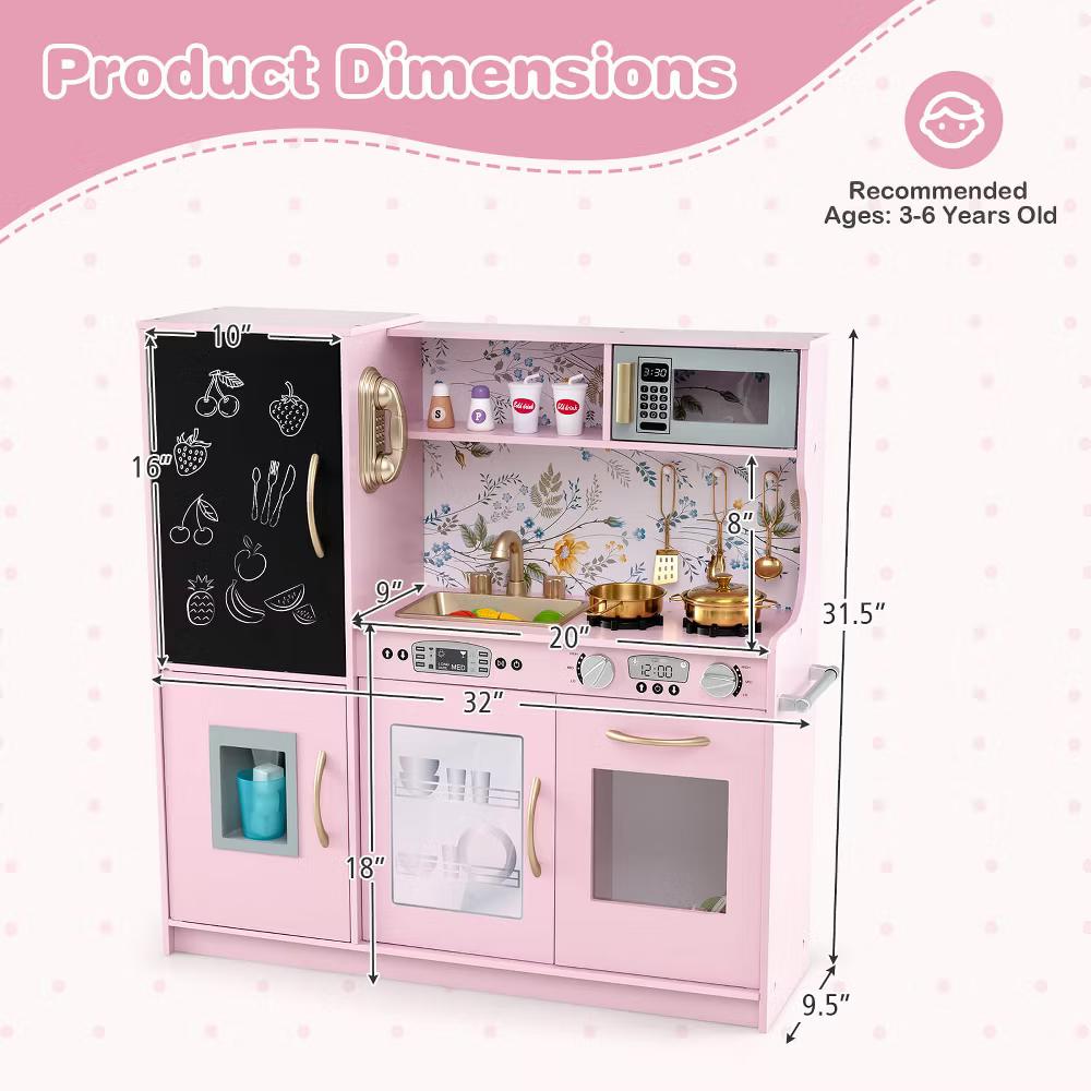 Kid's Pretend Play Kitchen Toddler Kitchen Playset with Blackboard Pink/White/Light Pink/Beige - Image 46