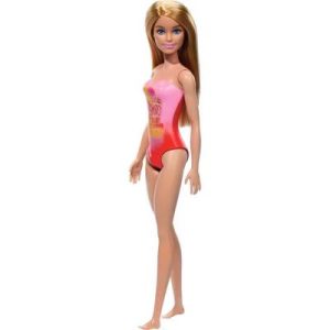12.7" Beach Doll Blond Hair/Blue Eyes Wearing Pink Palm Tree Print Swimsuit
