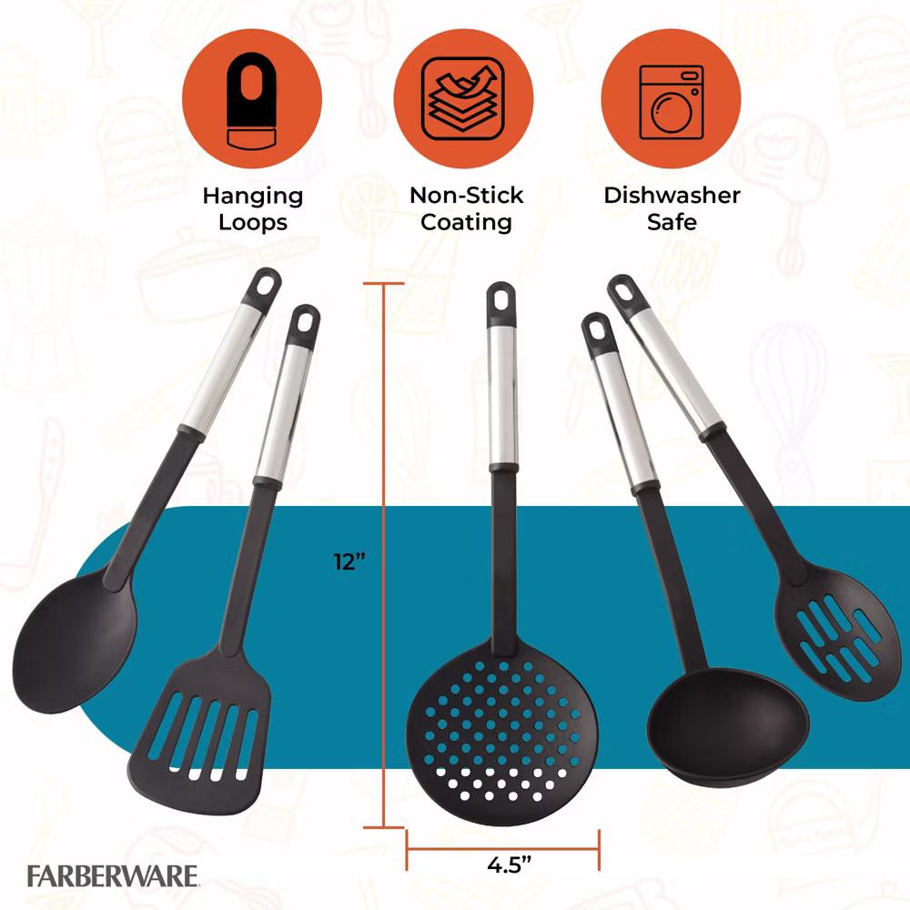 Farberware 5-Piece Nylon Cooking Utensil Set Stainless Steel Handles Kitchen Tool Set - Image 2