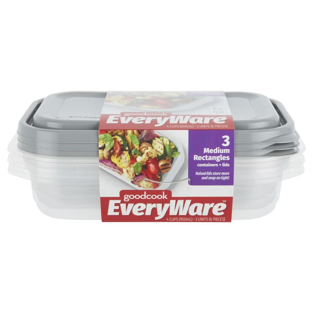 EveryWare Rectangle Food Storage Containers - 4 Cups - 6pcs/3ct - Gray: Leak-Resistant, 3 Containers With Lids