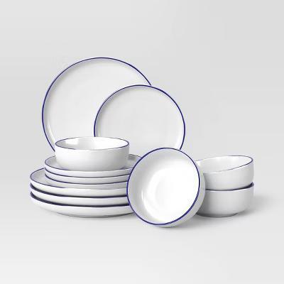 12pc Stoneware Dinnerware Set Blue Rim - Image 2