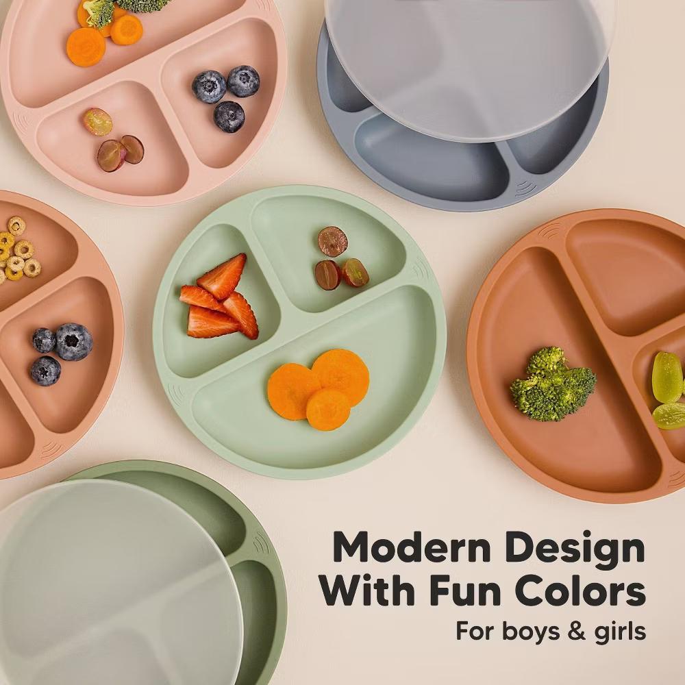 3-Pack Prep Suction Plates with Lids, 100% Silicone Baby Plates with Lid, BPA-Free Kids Divided Toddler Plates - Image 35