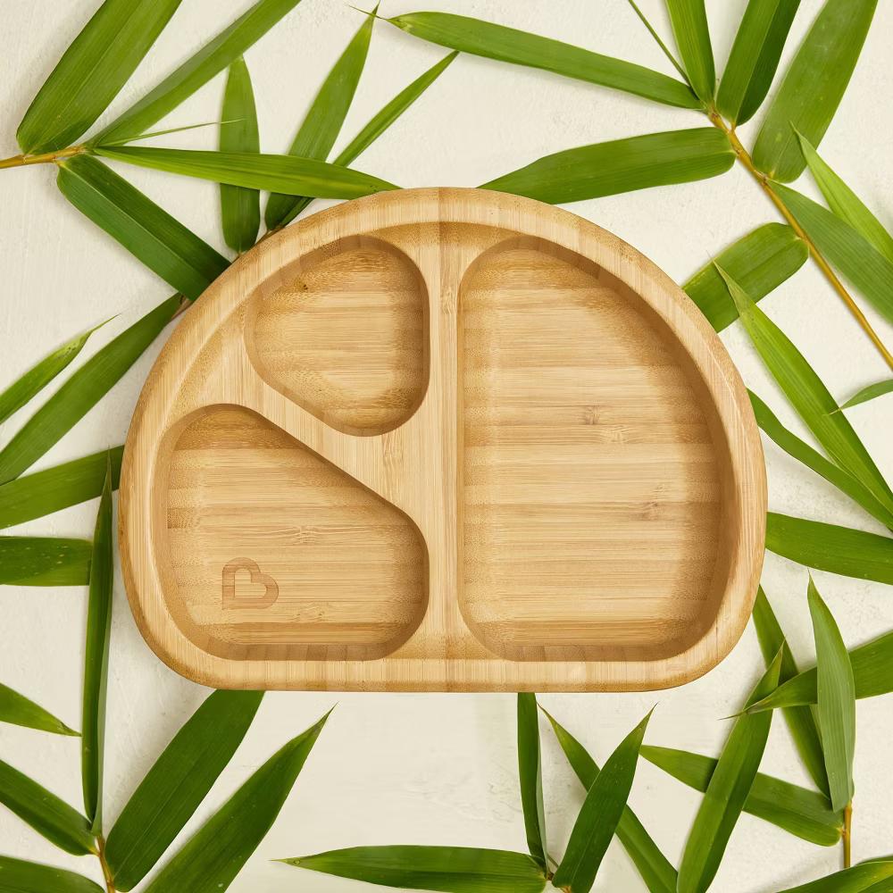 Bamboo Divided Suction Dining Plate: Round Solid Baby Tableware Piece, Light Brown, 7.25"x7.25"