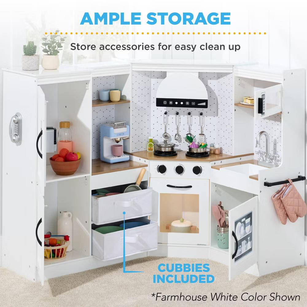 Pretend Play Corner Kitchen, Interactive Wooden Kids Set w/ Lights & Sounds - White - Image 30