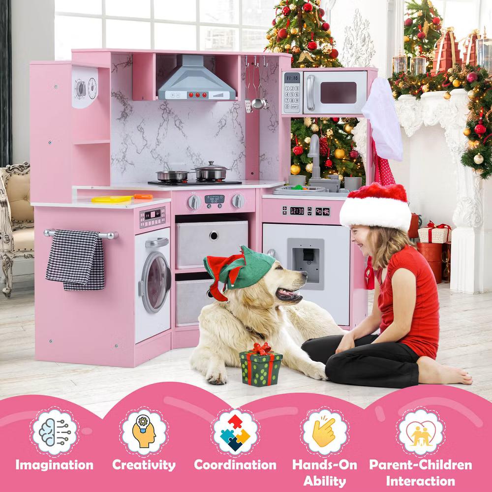 Wooden Kids Play Corner Kitchen with Realistic Lights & Sounds Lighted Range Hood Brown/Grey - Image 28