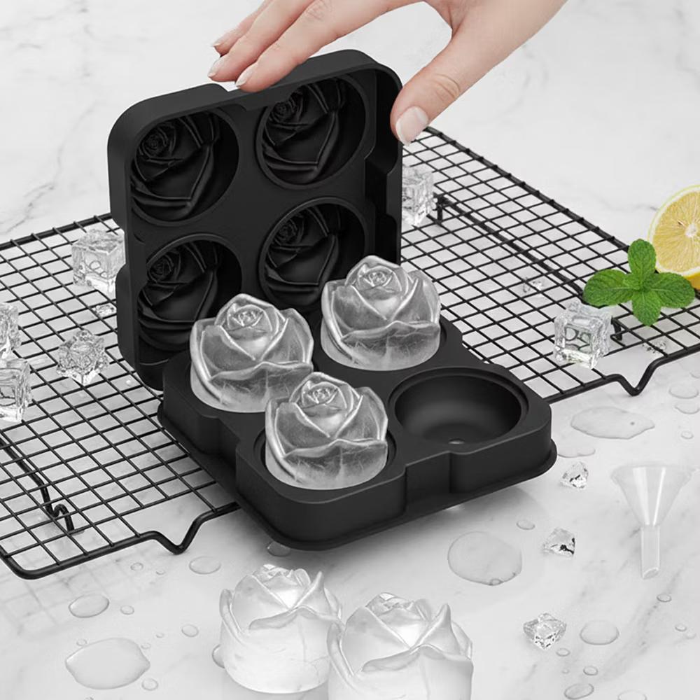 Alilang Women's 2-Pack Rose Silicone Ice Mold 4-Cavity Large Flower Ice Cube Tray with Lid - Black