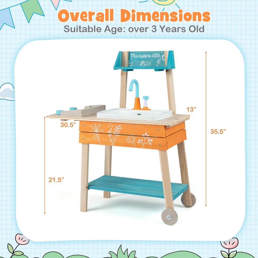 Outdoor Kids Play Kitchen Set, Wooden Toy Kitchen Playset with Removable Sink - Image 2