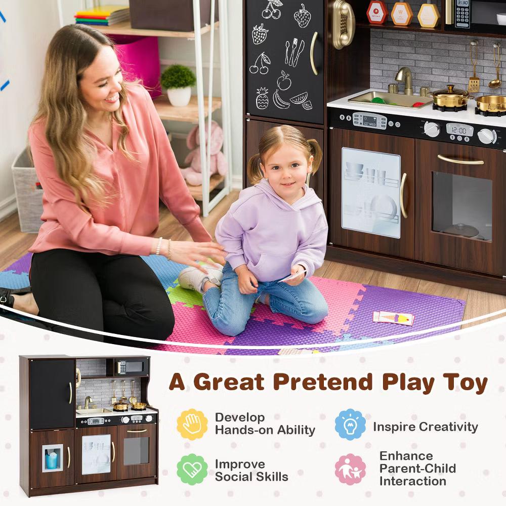 Kid's Pretend Play Kitchen Toddler Kitchen Playset with Blackboard Pink/White/Light Pink/Beige - Image 29