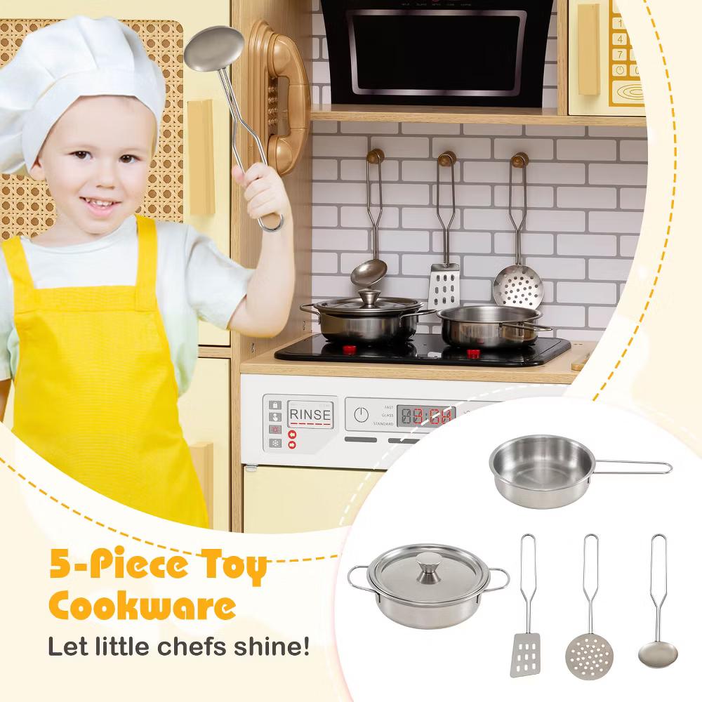 Wooden Kids Kitchen Playset Pretend Play Kitchen with Real Sounds Lights Pink/Yellow - Image 12