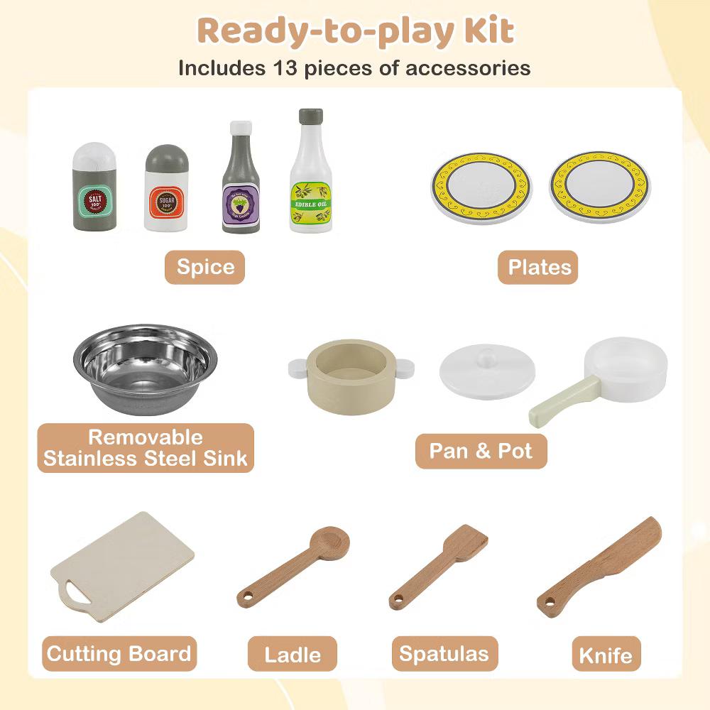 Wooden Play Kitchen for Kids Cooking Toy Playset w/ Microwave Stove Dish Rack - Image 10