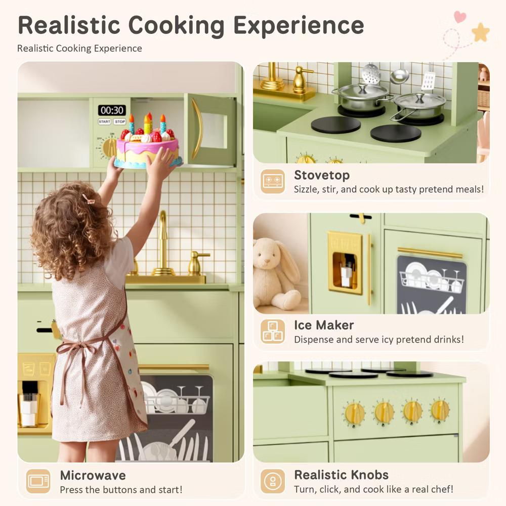 Wooden Play Kitchen with Running Water Sink, Clicking Stove Knobs, Microwave, Oven, Ice Maker & Storage, Ages 3+ - Image 15