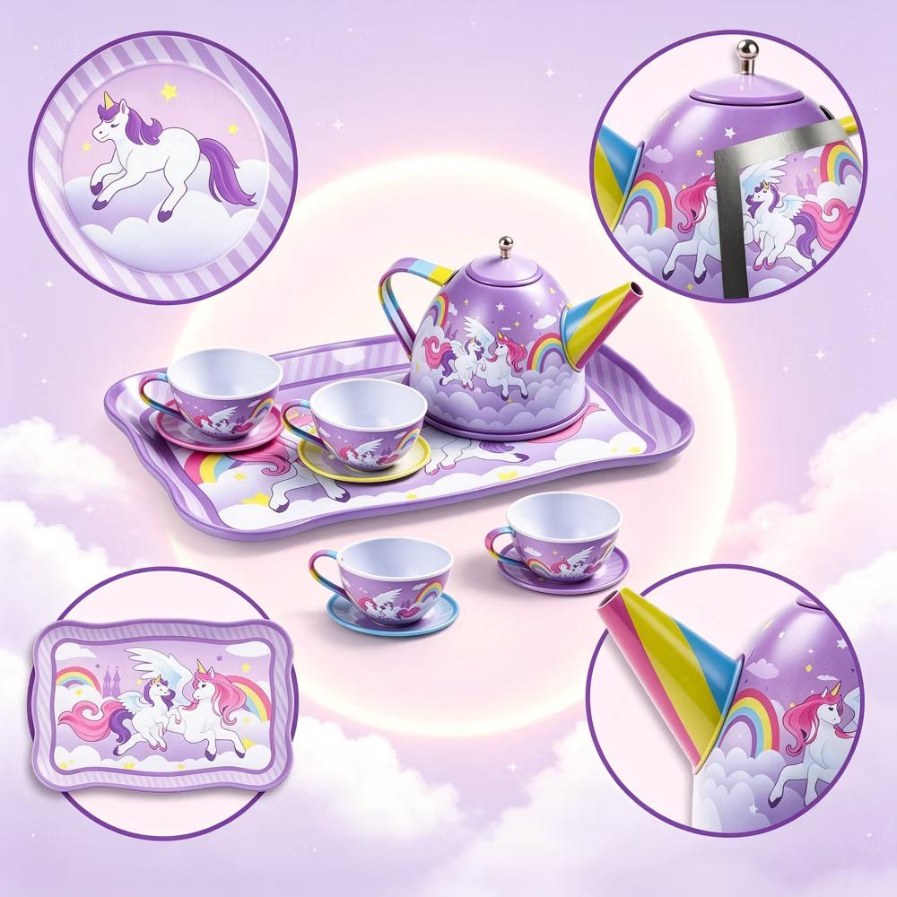 15PCS Unicorn Tea Party Set for Little Girls, Pretend Tin Teapot Set, Princess Tea Time Play Kitchen Toy w/ Case, Birthday Gift for Kids Age 3-6 - Image 5