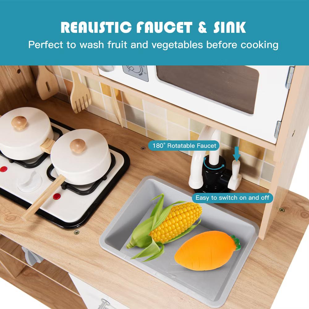 Wooden Kids Pretend Kitchen Playset Cooking Play Toy w/ Utensils & Sound - Image 6