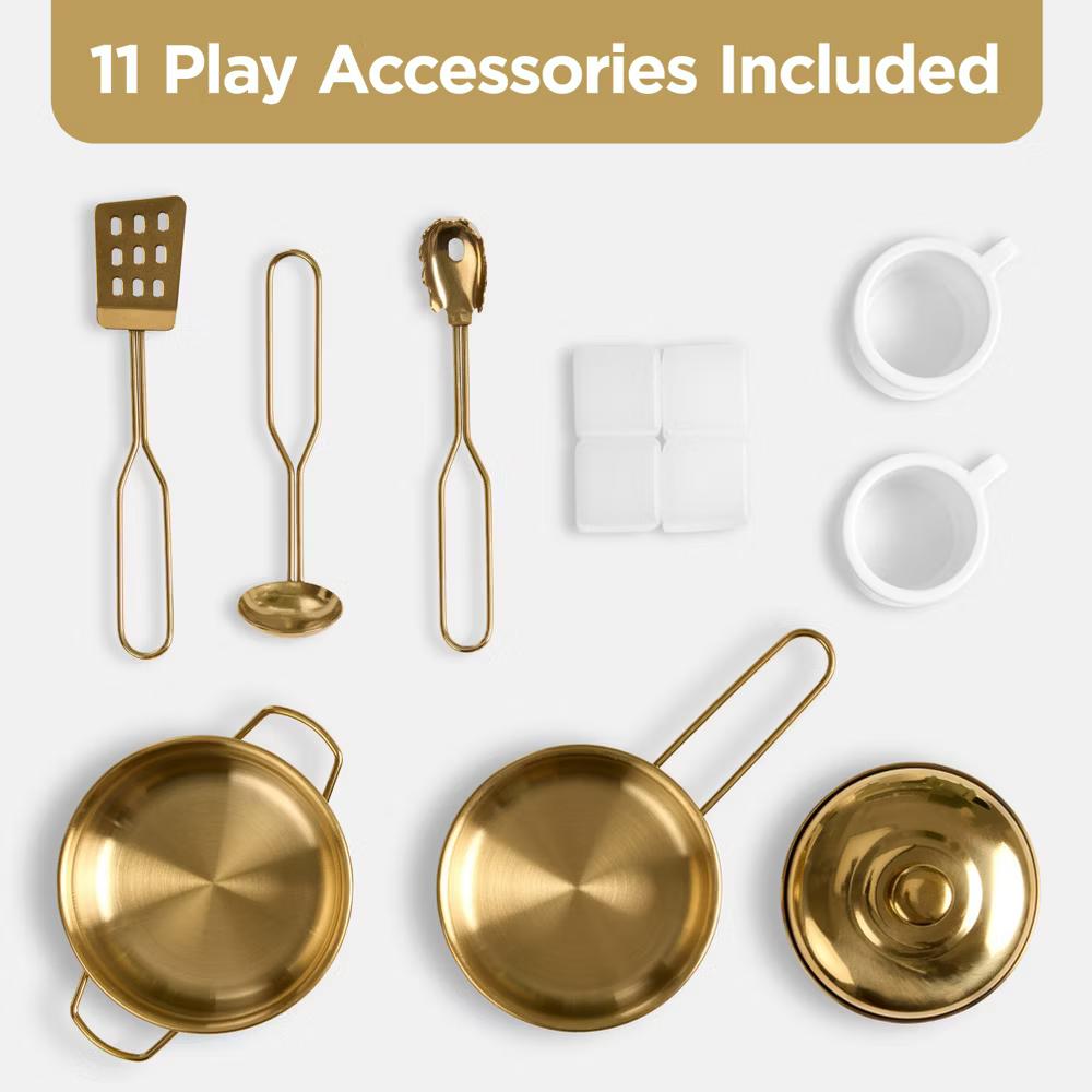 Wooden Cottage Kids Pretend Play Kitchen with 11 Accessories, Espresso Machine - Pink - Image 3