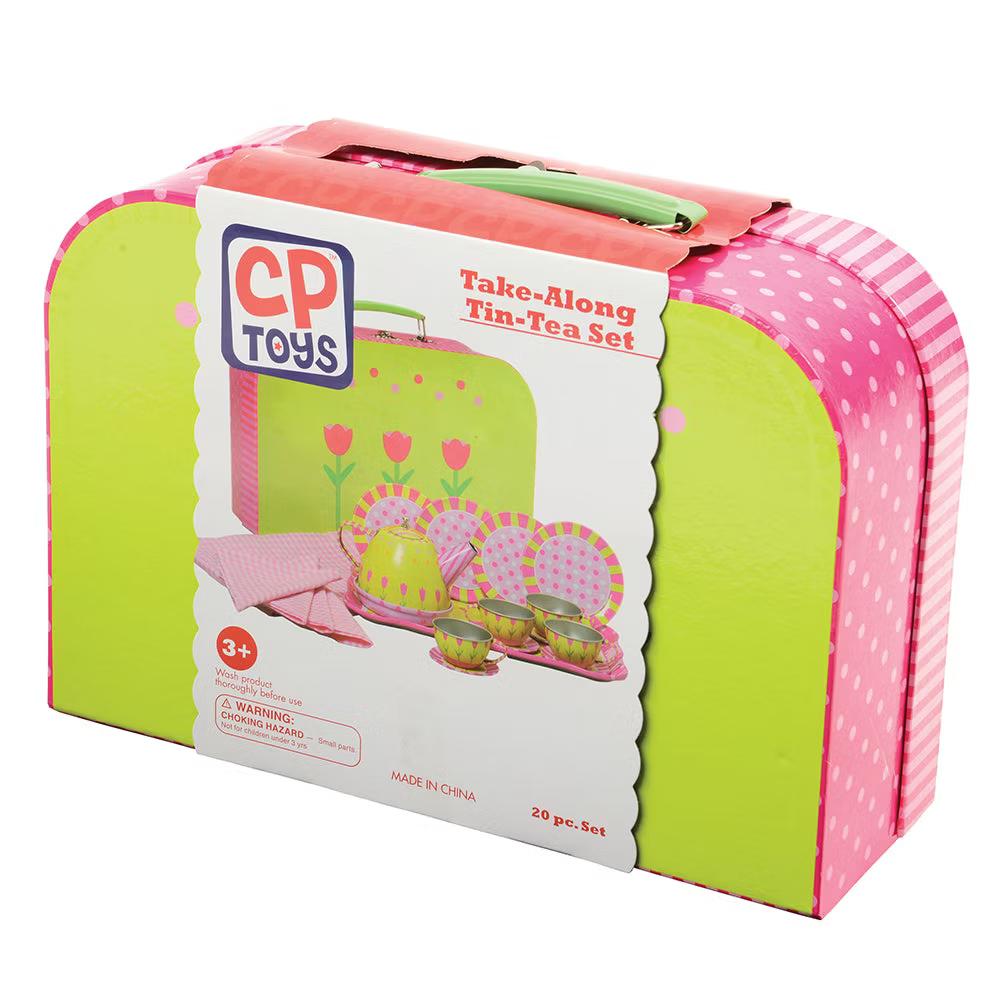 Constructive Playthings Take-Along Tin Tea Set – 20-Piece Kids Tea Party Set with Tray, Teapot & Carry Case for Ages 3+ - Image 4