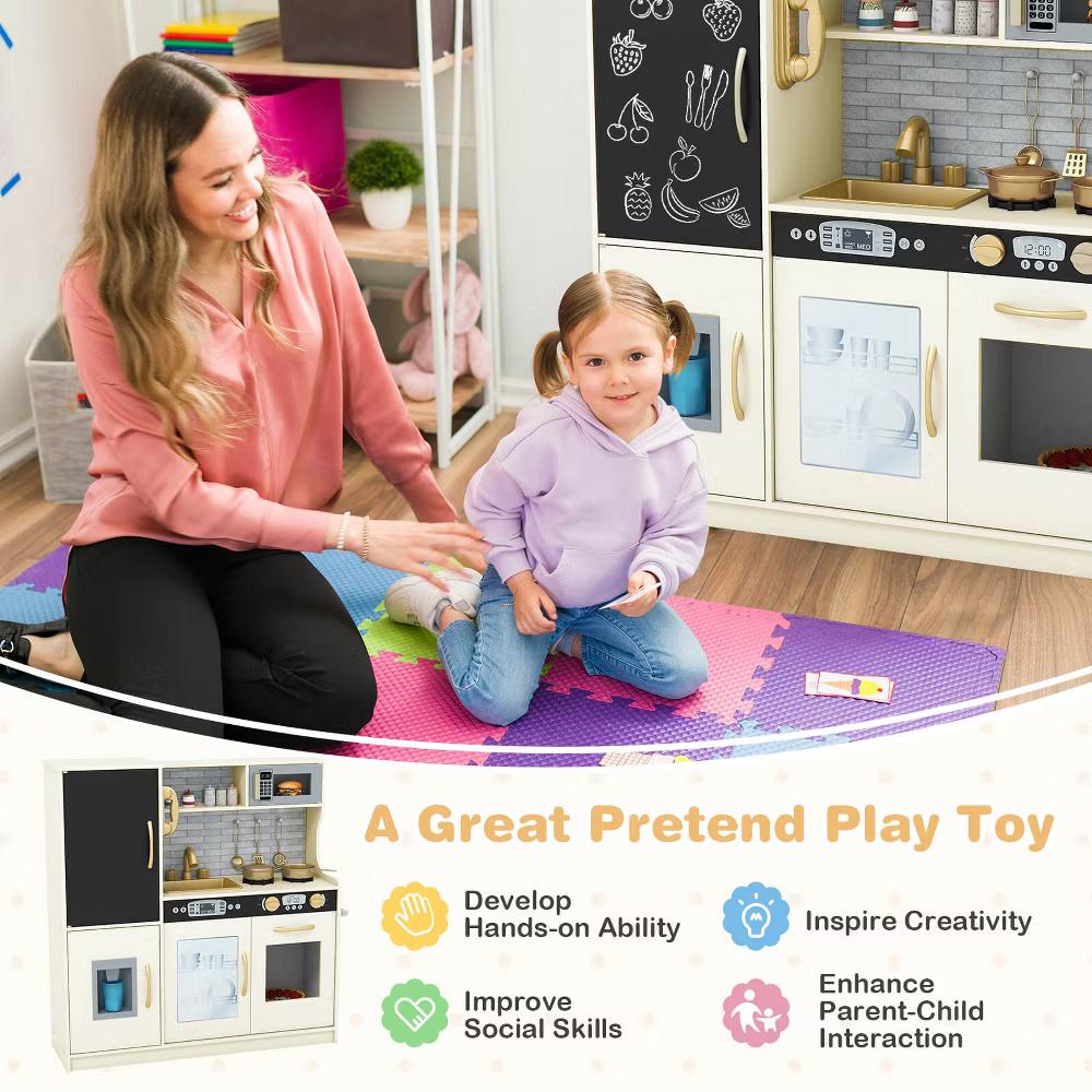 Kid's Pretend Play Kitchen Toddler Kitchen Playset with Blackboard Pink/White/Light Pink/Beige - Image 53