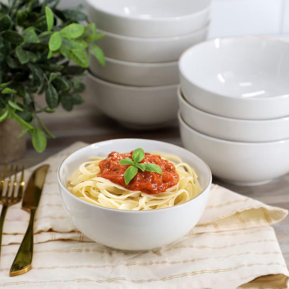Ogalla 8 Piece Fine Ceramic 6 Inch 22 Ounce Cereal Bowl Set in White with Gold Rim - Image 4
