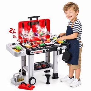 Kids BBQ Grill Toy Set, Color Changing Food, Sound & Light, Mist Spray, 2-Tier on Wheels - Gift