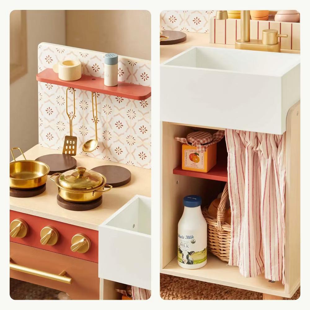 Mediterranean Play Kitchen for Toddlers - Wooden Kids Kitchen Playset with Cutting Food & Cookware - Image 11