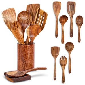 9 Piece Deluxe Wooden Utensils Set with Holder and Spoon Rest