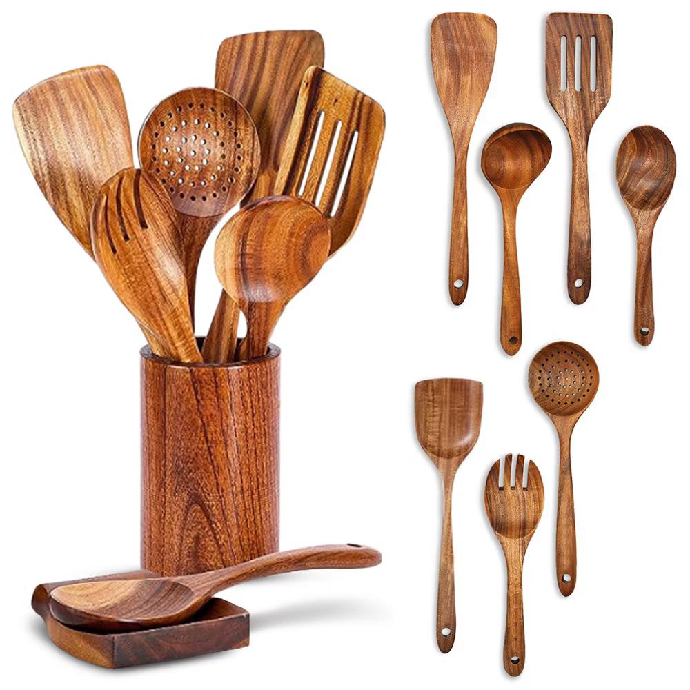 9 Piece Deluxe Wooden Utensils Set with Holder and Spoon Rest